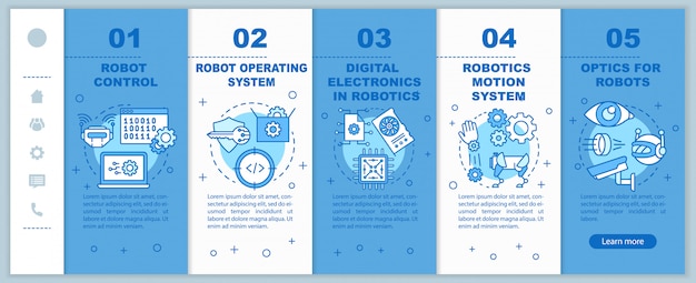 Robotikkurse onboarding mobile webseiten vorlage. automatisierung. responsive smartphone-website-schnittstellenidee mit linearen abbildungen. schrittbildschirme für die webseite. farbkonzept