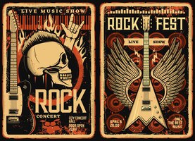 Rock fest poster und flyer, konzert musik band festival, vektor grunge vintage schädel und e-gitarre mit flügeln