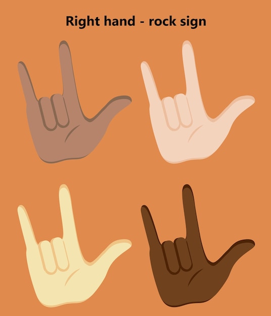 Rock-handgesten-symbol. 4 farben der haut der rechten hand.