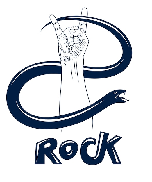 Rock-handzeichen mit aggressiver schlange, heißer musik-rock-and-roll-geste und schlange, hard rock-festival-konzert oder -club, vektorlabel-emblem oder logo, musikinstrumentenladen oder aufnahmestudio.