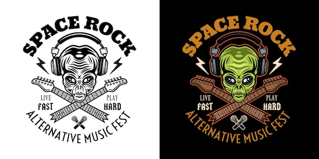 Rock-Musikfestival-Vektor-Emblem Label-Abzeichen oder Logo mit Alien-Kopf in Kopfhörern und zwei gekreuzten gebrochenen Gitarrenhalsen Zwei Stile schwarz auf Weiß und farbenfroh auf dunklem Hintergrund Vektorillustration