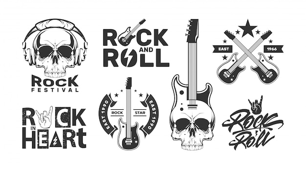 Rock'n'Roll-Logos mit Totenkopf. Designlabels für Musikfestivals.