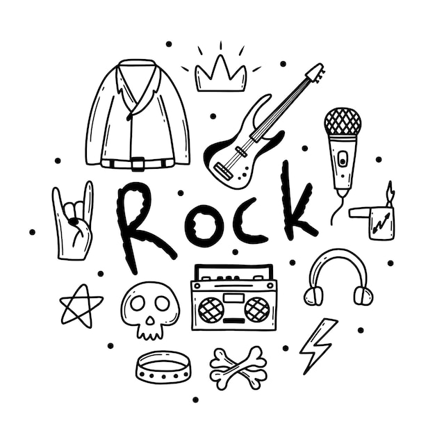 Rock n roll punk musik doodle set graffiti tattoo handgezeichneter aufkleber text totenkopf herz skate geste hand grunge rock vektor illustration