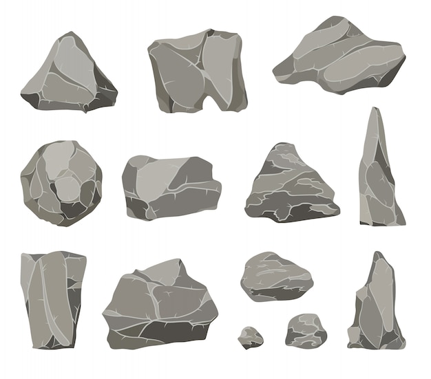 Vektor rock steine. graphitstein, kohle und felsen häufen sich für wand- oder gebirgskiesel an. kiesel, graue steinhaufenkarikatur lokalisierten vektorikonen-illustrationssatz.