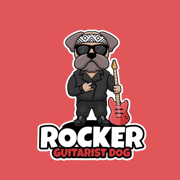 Vektor rocker gitarrist hund kreatives cartoon-maskottchen-logo-design