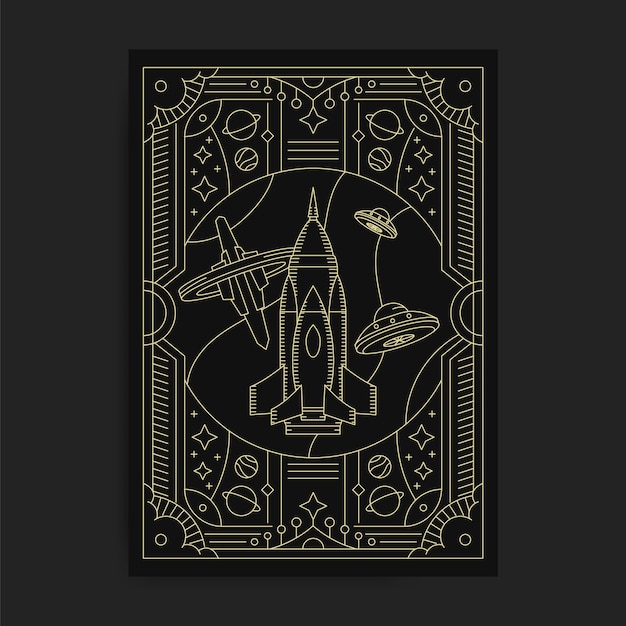 Rocket Journey Golden Line Art von Raumschiff und umlaufenden Flugzeugen