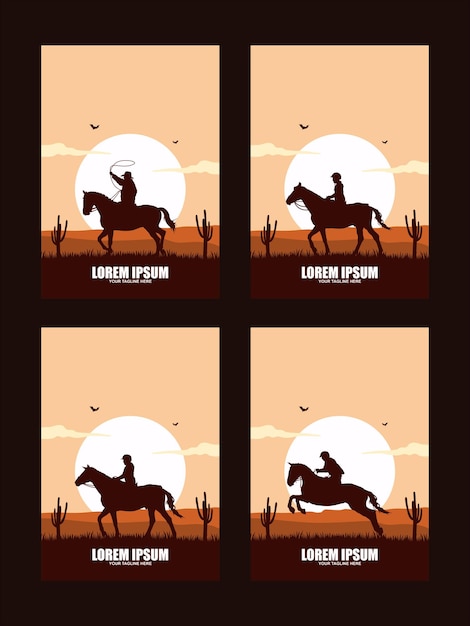 Vektor rodeo-retro-logo mit silhouette eines cowboy-pferderitters