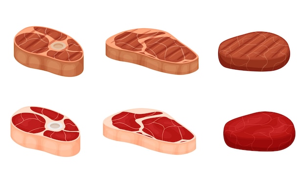 Rohe Fleischstücke mit Fettschichten und gebratenem Fleisch. Haxe, Filet, Schnitzel. Rindfleisch