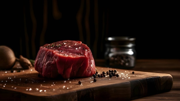 Vektor rohes rindersteak mit gewürzen, salz und pfeffer auf einem schneidebrett aus küchenholz