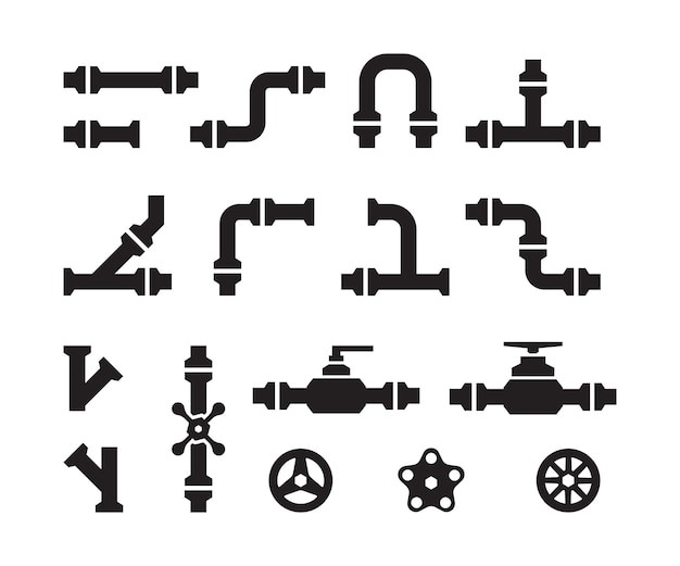 Rohrsymbole. metallindustrie wasserleitungen ventilkonstruktionen anschlüsse stahlvektorrohre silhouetten. teil des rohrrohrs, rohrleitung zur wasserillustration