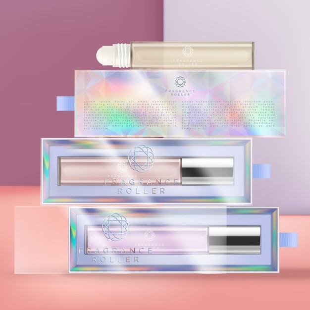 Roll-On-Duftglasflaschenverpackung mit irisierender oder holographischer Acetatbox-Verpackung.