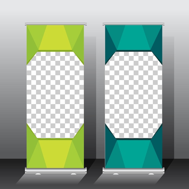 Roll-up Banner Template Design grünes Farbschema für Präsentation oder Promotion mit Raumbild-Vektorillustration
