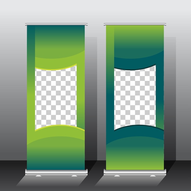 Vektor roll-up banner template design grünes farbschema für präsentation oder promotion mit raumbild-vektorillustration
