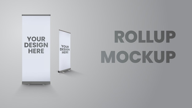 Rollen Sie ein Roll-up-Banner an einer grauen Wand auf