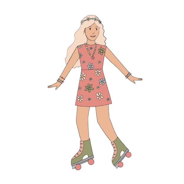 Vektor roller grooviges mädchen in einem rosa geblümten kleid hippie-mädchen 70er jahre flache farbillustration doodle-stil bunte vektorillustration flower-power-mädchen auf isoliertem hintergrund