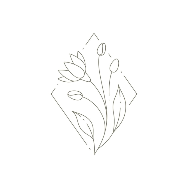 Romantische einfarbige maililienblume mit knospe, stamm, blättern an der rautenrahmenlogo-vektorillustration