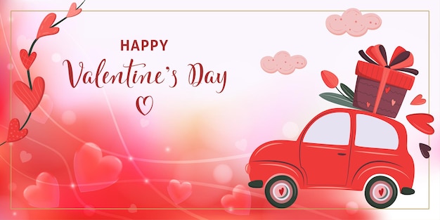 Romantische Vorlage der horizontalen Fahne zum Valentinstag mit Retro-Auto, das Geschenk und Blume liefert