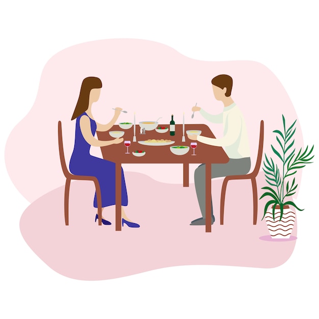 Romantisches familienessen. valentines abendessen. flache vektor-illustration