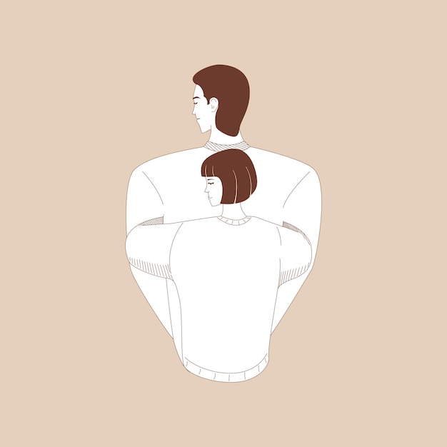 Romantisches Paar, Umarmung, geschlossene Augen, flache monochrome Illustration, Strichzeichnungen
