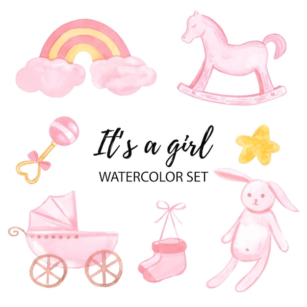 Rosa Baby-Dusche-Aquarell-Set Spielzeug für Mädchen Vektor-Illustration