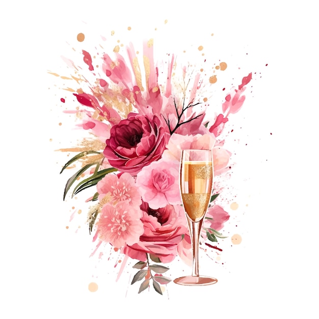 Vektor rosa blume in einer vase, champagner-animation, gedrucktes poster im glamour-stil, goldener glanz