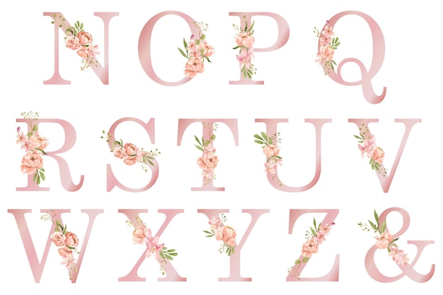 Vektor rosa blumen- und roségold-alphabet-aquarell von n bis z