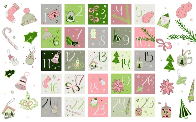 Rosa Countdown für Weihnachtsvektor-Grafikset Pastellfarbener Adventskalender mit Aufklebern von 1 bis 25