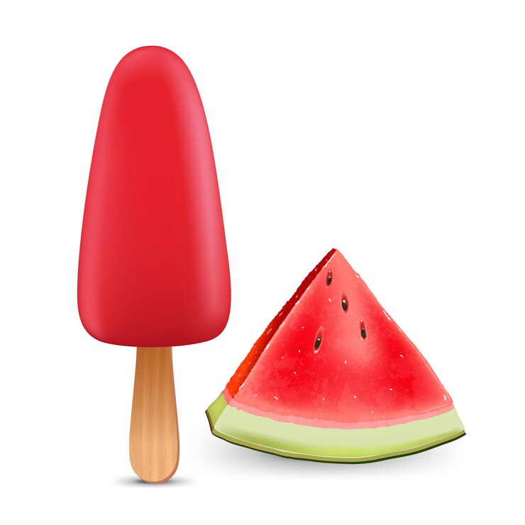 Vektor rosa eiscreme mit eis am stiel und kleben mit wassermelonenstück lokalisiert auf weiß