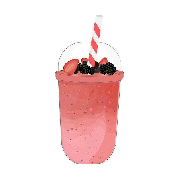 Vektor rosa erdbeer-smoothie-illustrationslogo in einem plastikbecher