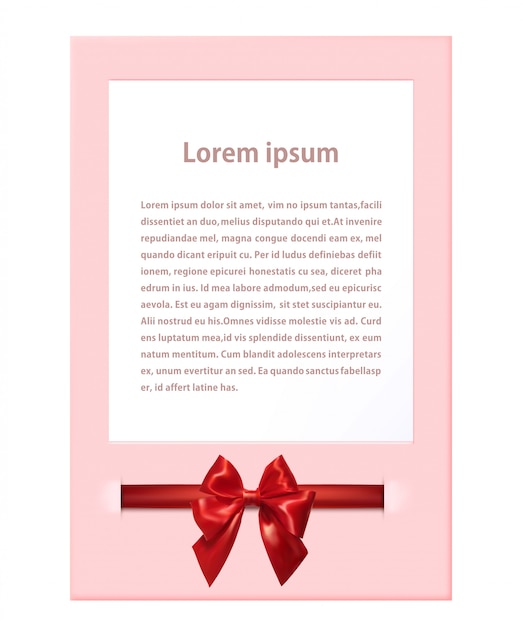 Rosa grußkartenschablone mit dem roten satinbogen lokalisiert. romantisch schreiben. schöne grüße. illustration.