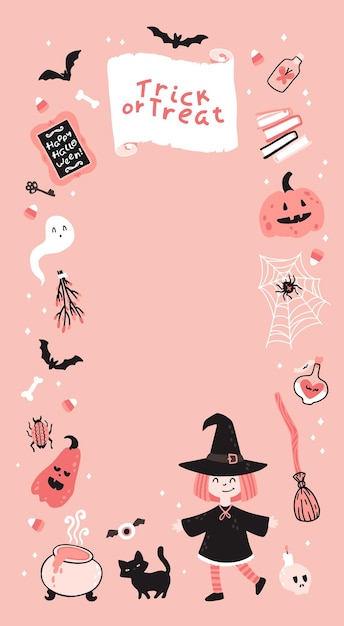 Vektor rosa halloween-hexe-vorlage. kindliche vektorillustration magischer elemente im einfachen handgezeichneten cartoon-stil. runder rahmen. die begrenzte palette ist ideal zum drucken
