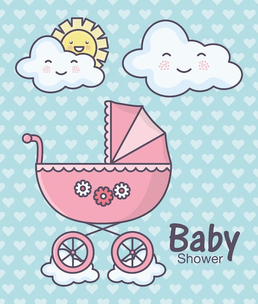 Rosa kinderwagenwolken der baby-dusche rosa karikaturherzenhintergrund