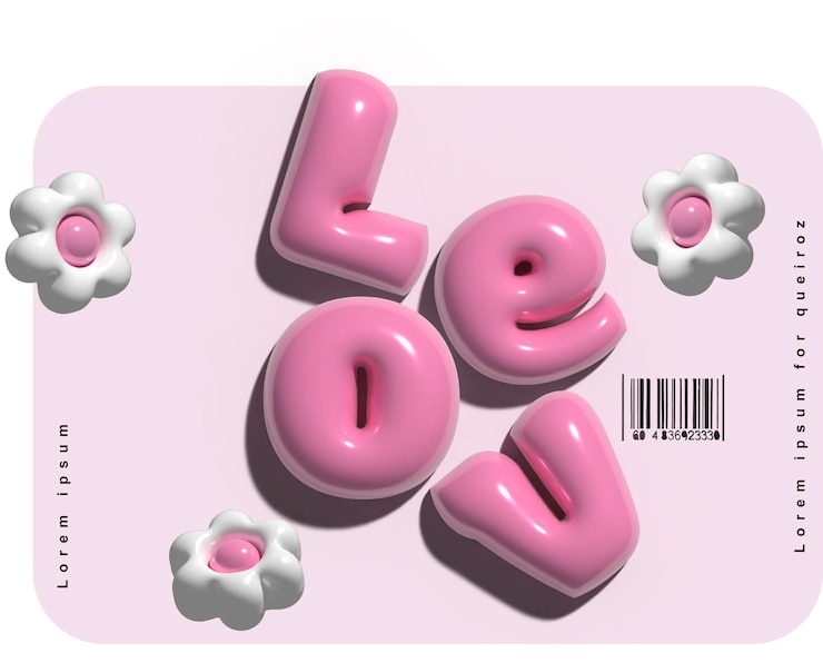Vektor rosa kunststoffbuchstaben love mit glänzenden reflexionen 3d-rendering von text