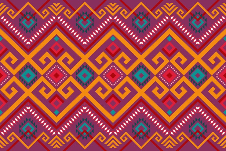 Rosa lila buntes geometrisches orientalisches Ikat nahtloses Muster traditionelles ethnisches Musterdesign für Hintergrund, Teppich, Tapetenhintergrund, Kleidung, Verpackung, Batik, Gewebe. Stickstil. Vektor
