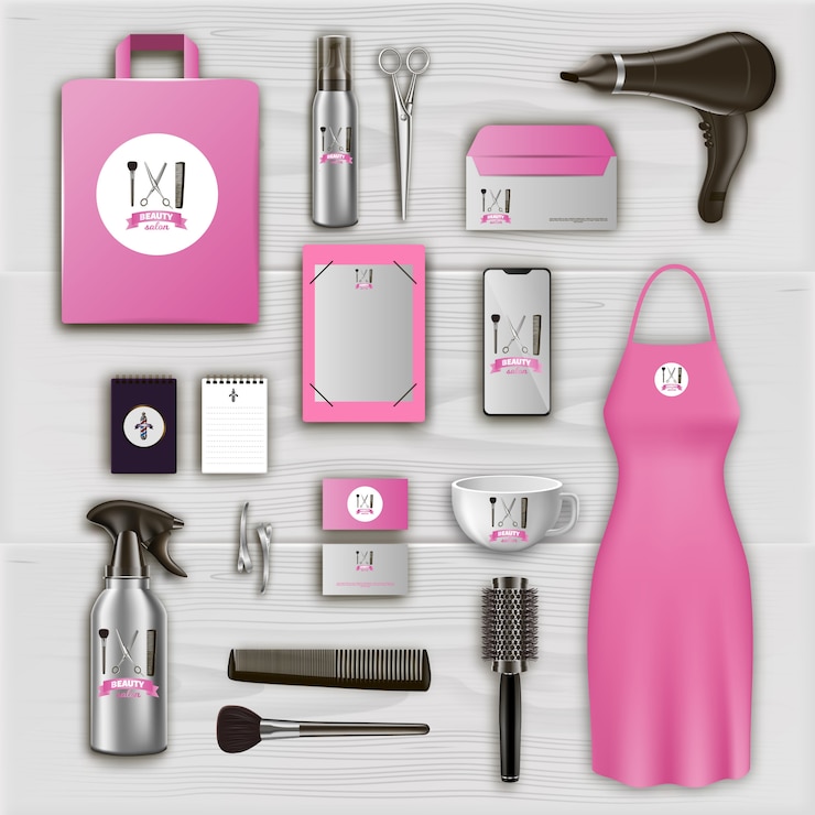 Vektor rosa logo auf gegenständen im schönheitssalon.