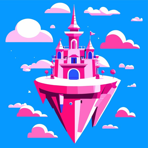 Rosa magische burg auf einer schwimmenden insel in blauem himmel vektor-illustration