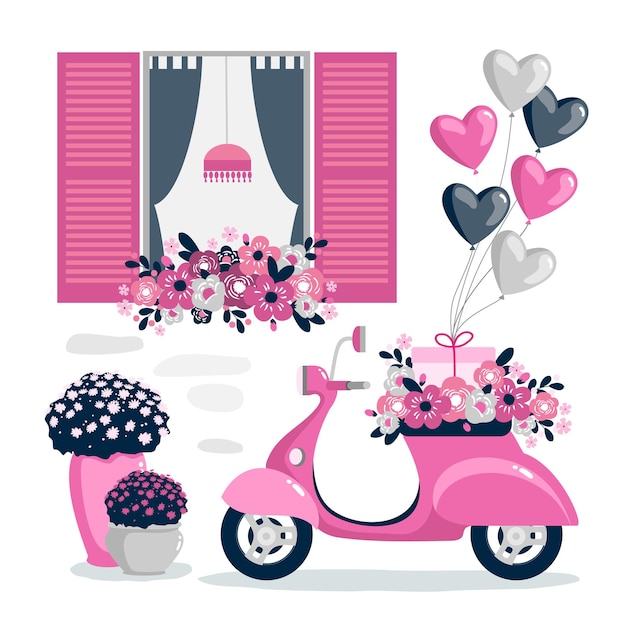 Rosa moped mit blumen, luftballons auf dem hintergrund eines fensters mit fensterläden.