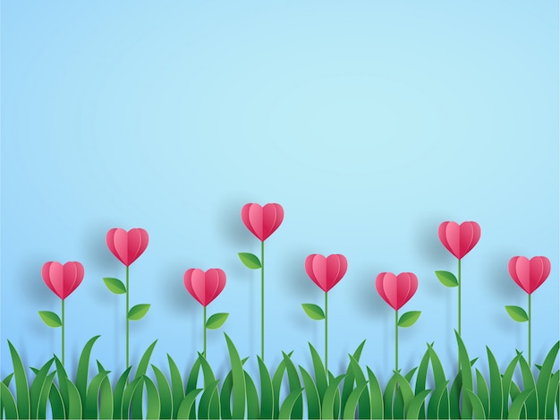 Rosa Origamiblume in der Herzform und Gras auf Blau im Kartenkonzept des Valentinsgrußes. Vektorillustrations-Kunstdesign in der Papierschnittart.