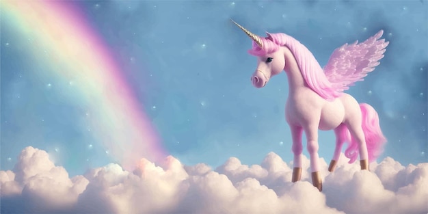 Vektor rosa pegasus-pony-pferd-einhorn im himmel, pastellfarbener märchenregenbogen, flauschige weiße wolken, himmelssterne