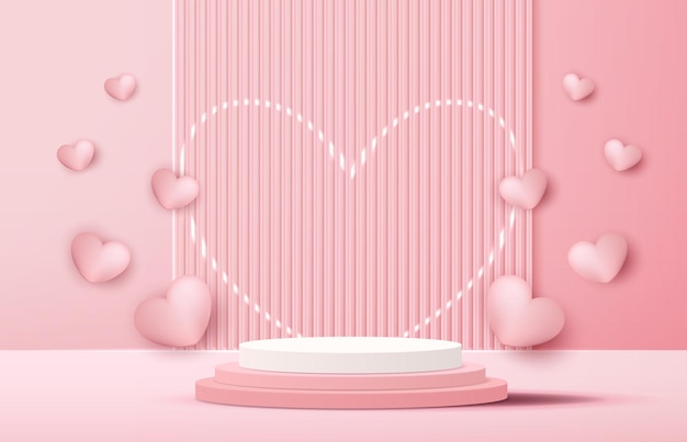 Rosa podium display hintergrund produkte für den valentinstag in der liebesplattform stehen, um kosmetik mit handwerklichen symbolen der liebe für glückliches vektordesign zu zeigen