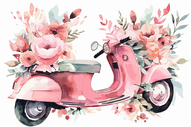 Vektor rosa roller im vespa-stil mit blumen im kofferraum. aquarellvektor isoliert auf weißem hintergrund