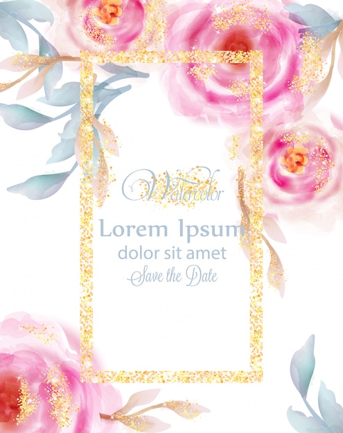 Rosa rosen des aquarells mit goldenem funkeln