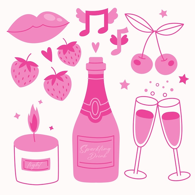 Vektor rosa set cartoon-illustration romantischer objekte cartoon-flasche mit gläsern und obst