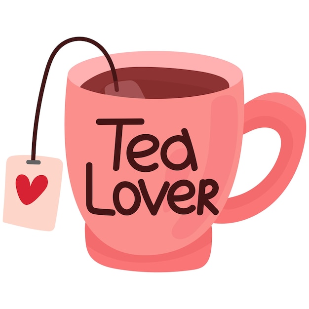 Rosa teetasse mit einem schriftzug des satzes tea lover. vektorillustration des handabgehobenen betrages.