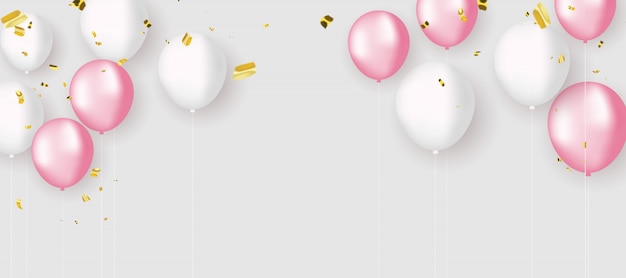 Rosa weiße Ballone, Goldkonfettikonzeptdesign, glücklicher Valentinstaghintergrund