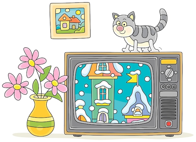 Rosafarbene blumen in einer vase und eine lustige gestreifte katze auf einem retrofernseher