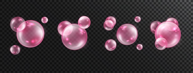 Rosafarbene Kollagenblasen isoliert auf transparentem Hintergrund Vektorrealistische Glanzkugel oder Seifenblase 3D-Illustration