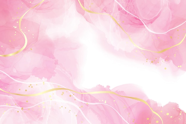 Rosafarbener flüssiger Aquarellhintergrund mit goldenen Linien