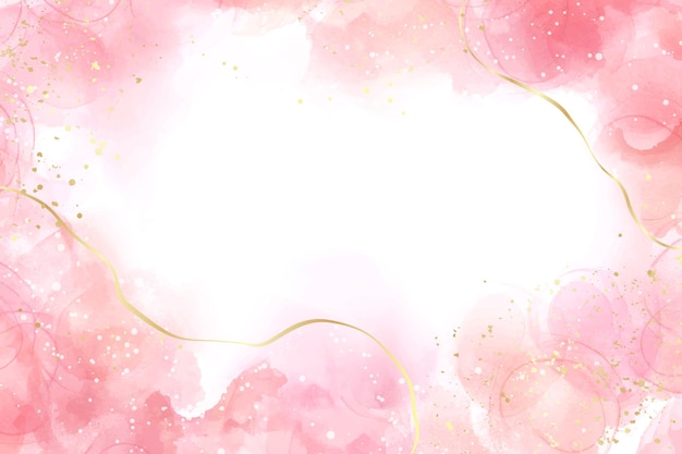 Rosafarbener flüssiger Aquarellhintergrund mit goldenen Linien