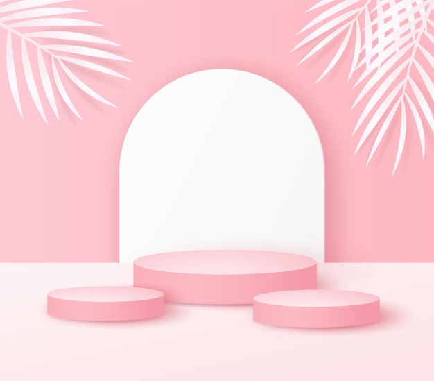 Rosafarbener hintergrund mit papierpalmenblättern und ständer oder podium für produktpräsentation, branding, verpackung und werbevektorillustrationsdesign